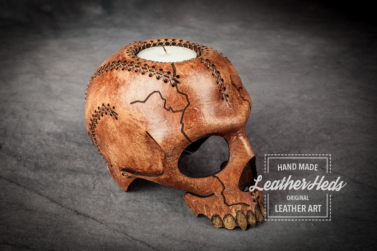 Leather Skull Candle Holder